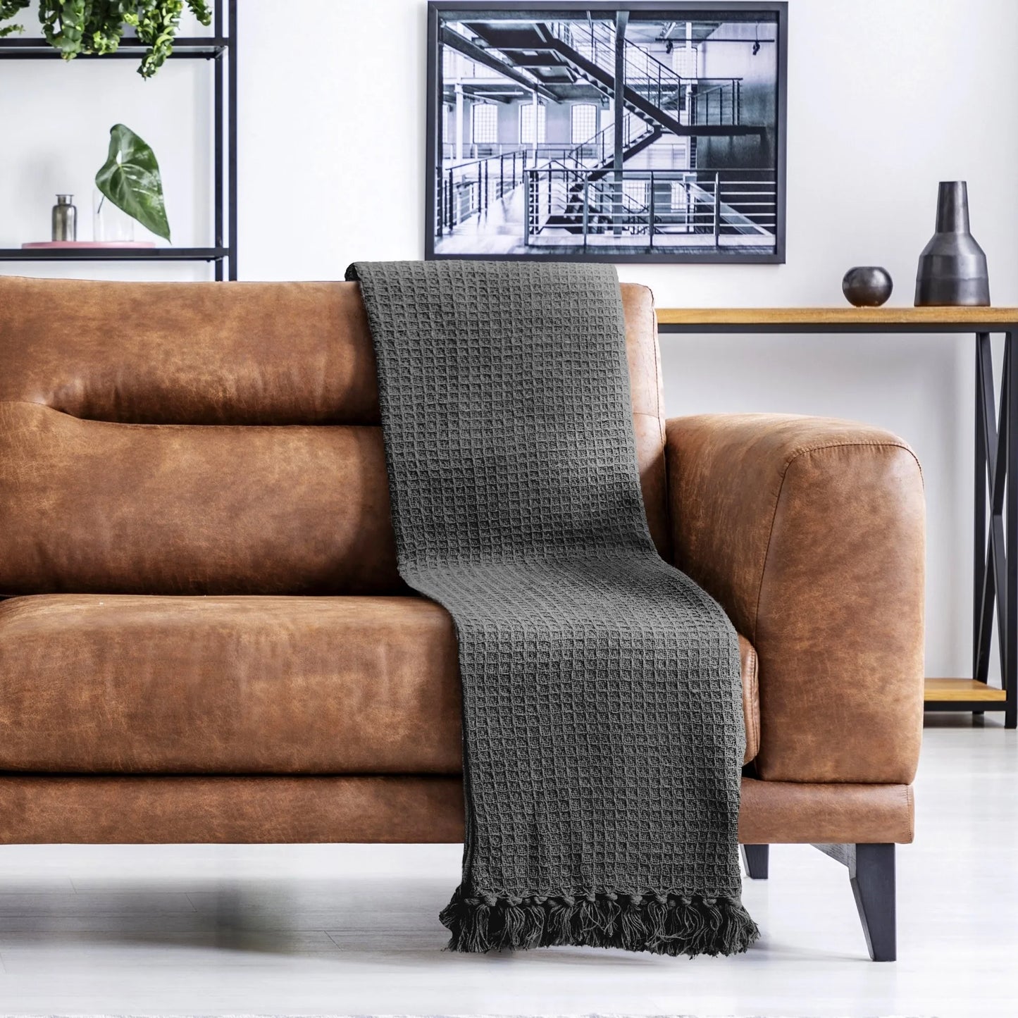 Waffle Recycled Throw (Charcoal) 177cmx254cm