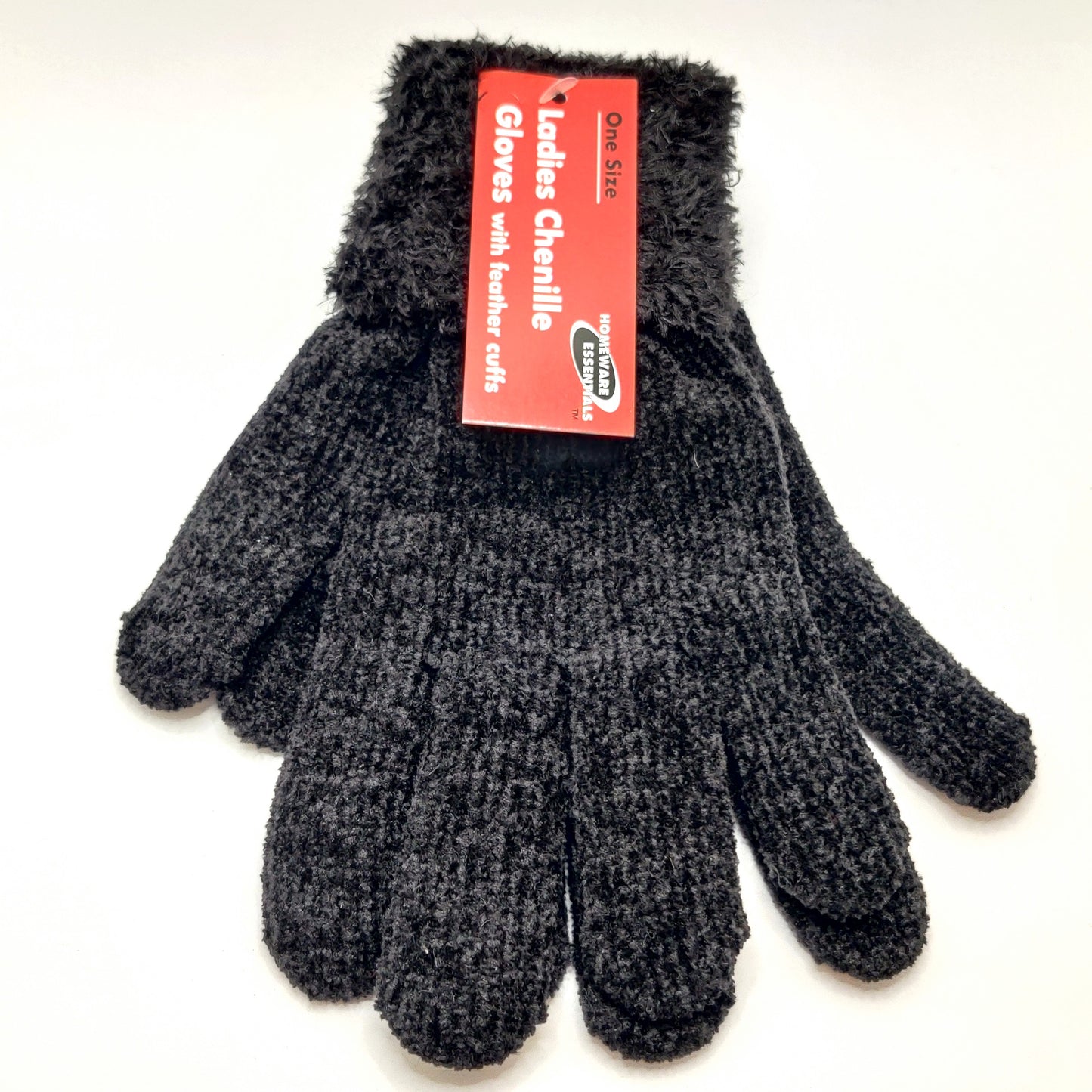 Ladies Chenille Gloves with Feather Cuffs - One Size