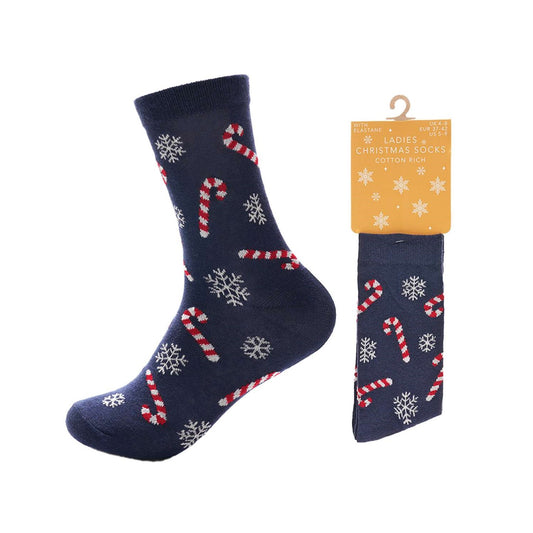 Ladies Cotton Rich Christmas Socks (Size: 4-8) - Candy Cane