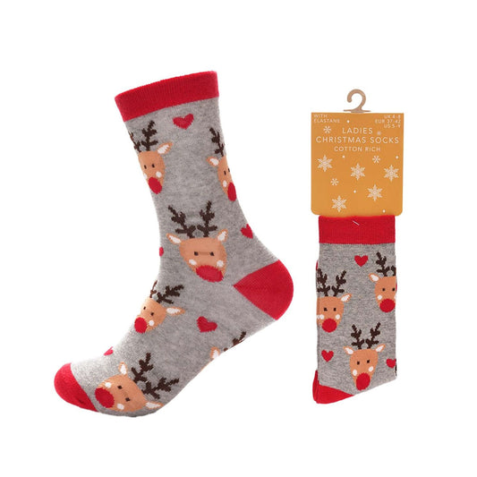 Ladies Cotton Rich Christmas Socks (Size: 4-8) - Reindeer