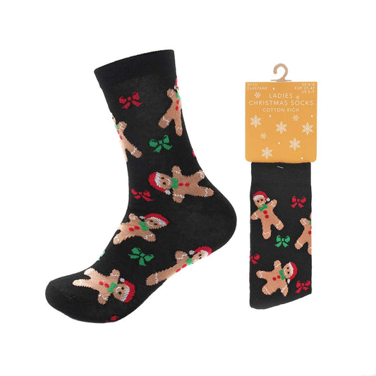 Ladies Cotton Rich Christmas Socks (Size: 4-8) - Gingerbread Man