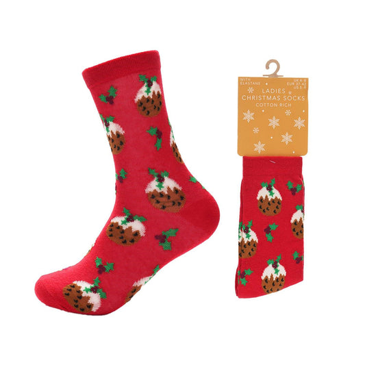 Ladies Cotton Rich Christmas Socks (Size: 4-8) - Pudding