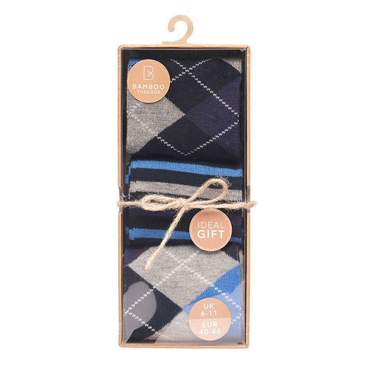 Men's Navy, Grey & Blue Bamboo Argyle Socks Gift Box (Size 6-11)