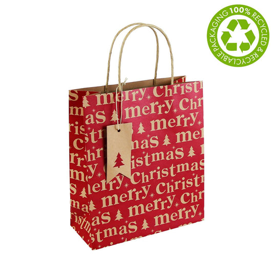 Medium Gift Bags (21.5cm x 25.3cm) - Kraft Merry Christmas