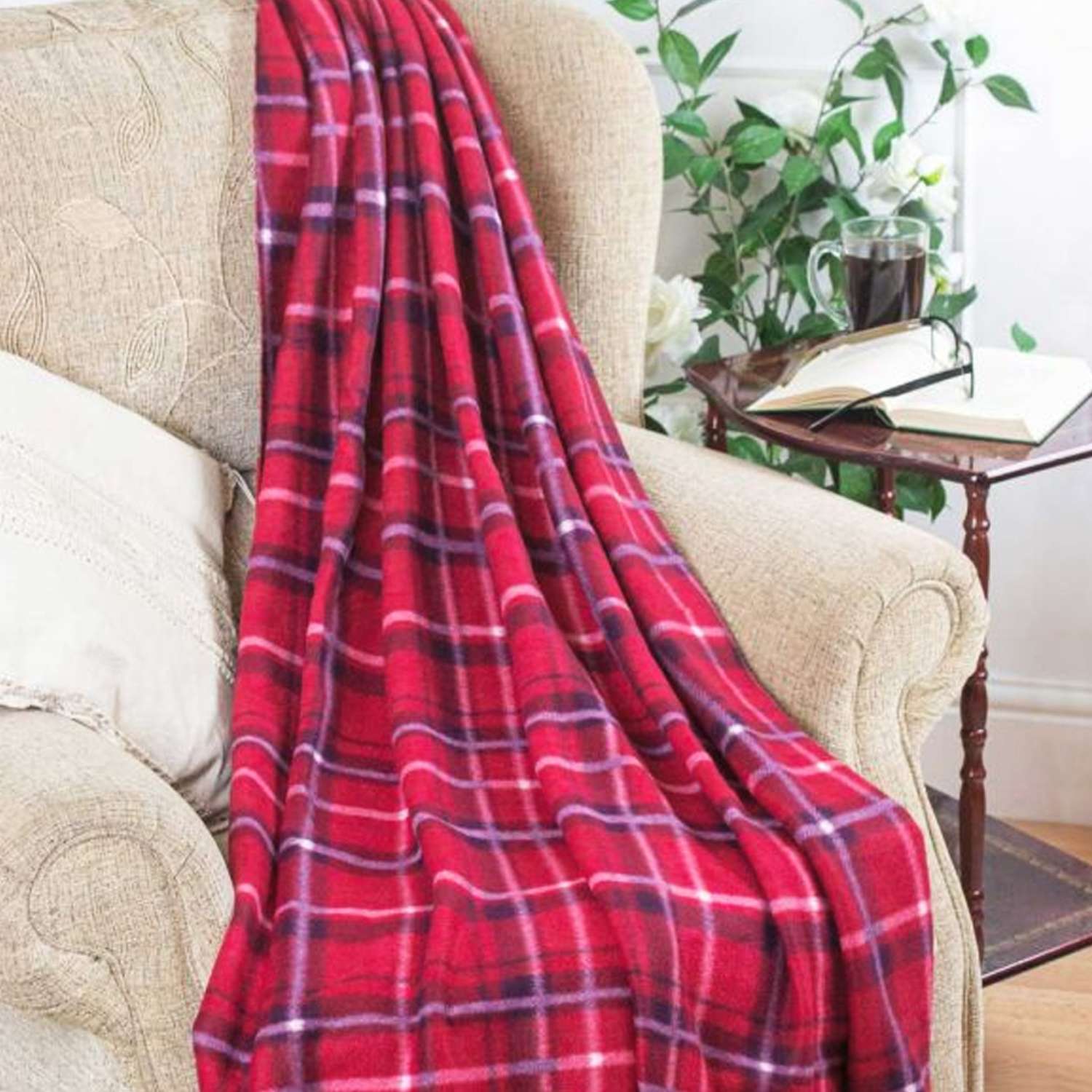 Red Tartan Fleece Throw 120cm x 150cm The Shakespeare Hospice