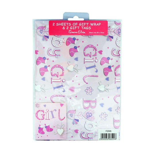 Gift Wrap 2 Pack + 2 Tags (50cm x 70cm) - Baby Girl