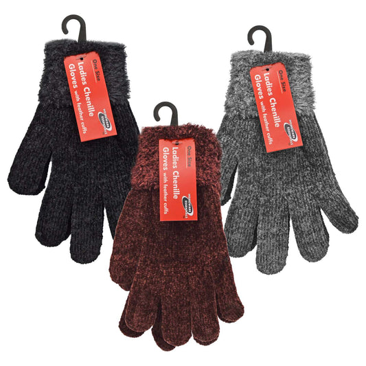 Ladies Chenille Gloves with Feather Cuffs - One Size