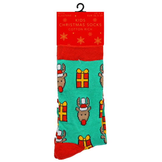 Kids Cotton Rich Reindeer Christmas Socks (Size 4-6)