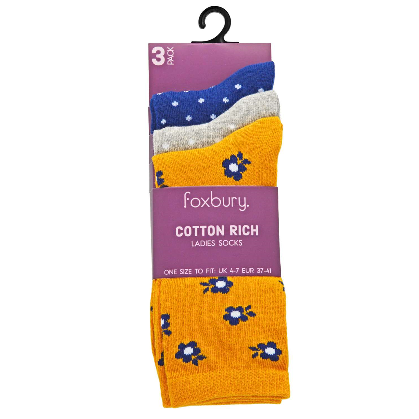 Ladies Cotton Rich Socks 3 Pack (Size 4-7) - Assorted Designs