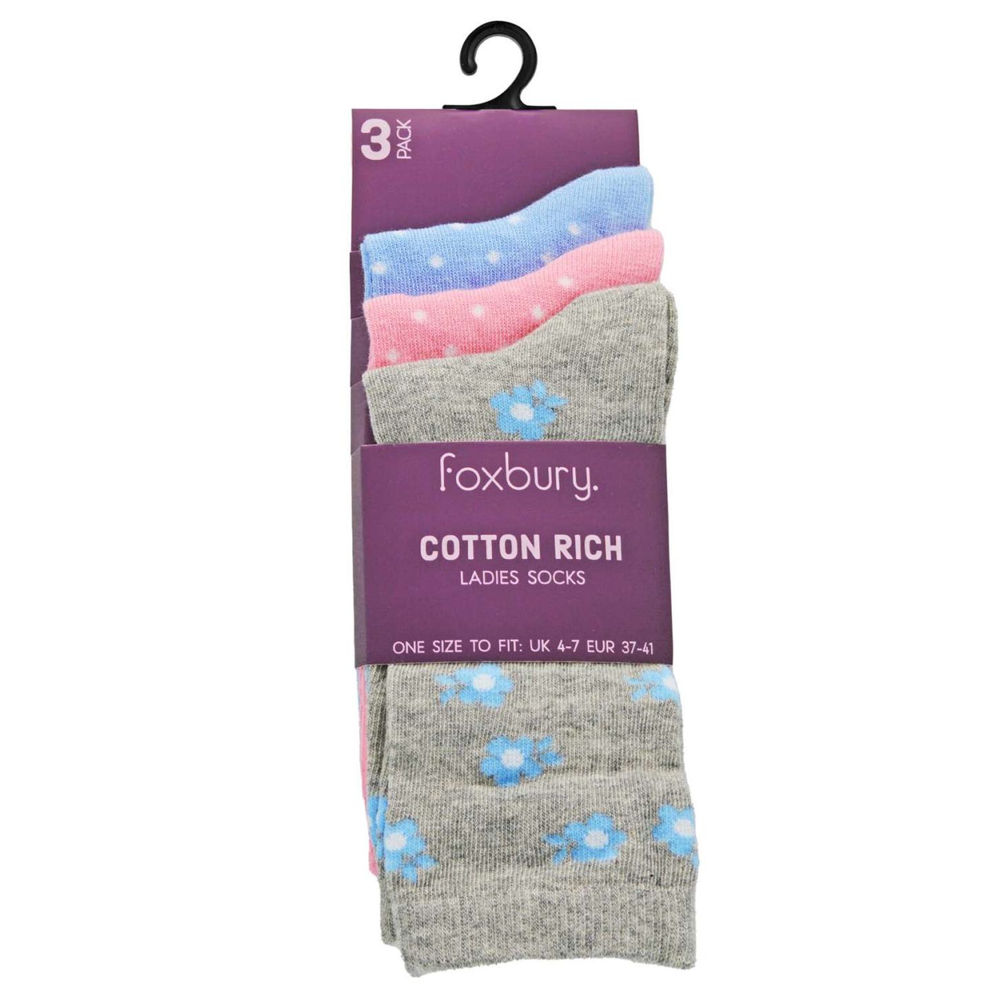 Ladies Cotton Rich Socks 3 Pack (Size 4-7) - Assorted Designs